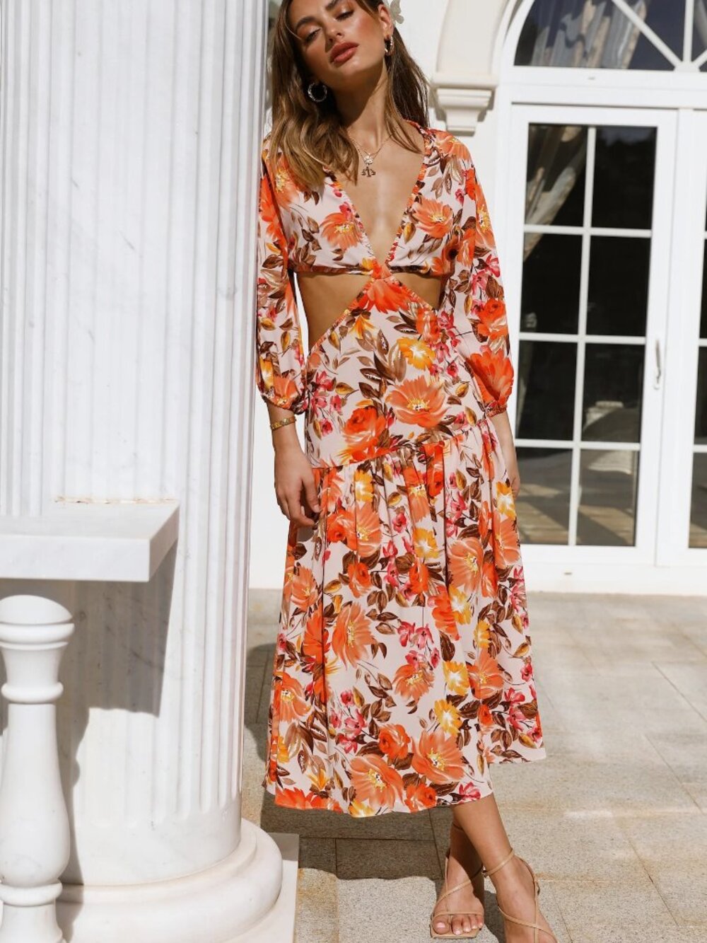 Hello Molly Be Yours Yellow Orange Floral Cutout Midi Dress Size 6
